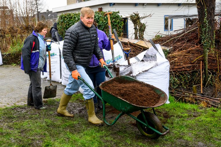 Willem-Alexander ging aan de slag met kruiwagens in de kruidentuin.  Beeld Brunopress/Patrick van Emst