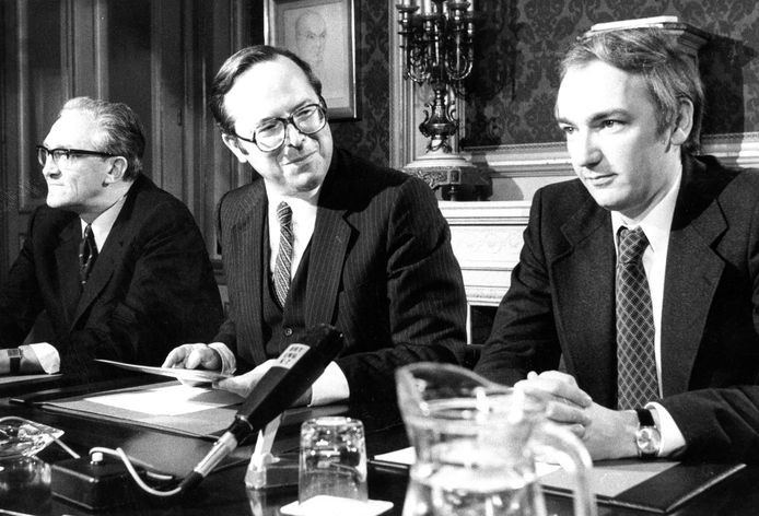 José Desmarets, Wilfried Martens en Philippe Maystadt op een foto uit 1979.