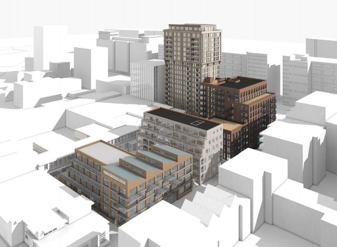 Het woningbouwplan S-West op Strijp-S, met linksonder het NatLab en de Ir. Kalffstraat, bovenaan de gebouwen Anton en Gerard aan de Torenallee. Het plan van MRP Development is ontworpen door Jeroen Schipper uit Rotterdam.