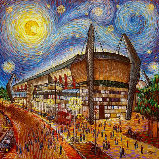Het Philips Stadion in Eindhoven als schilderij van Van Gogh .