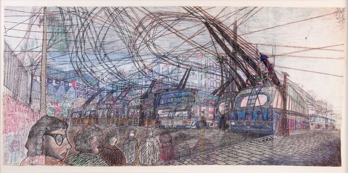 Pentekening van het trolleybusstation op Stationsplein in Arnhem, gemaakt door Willem van Genk in 1996.