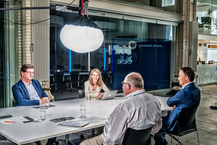 Het voorzittersdebat met Bart Tommelein, Els Ampe, Stefaan Nuytten en Egbert Lachaert. Beeld Tim Dirven
