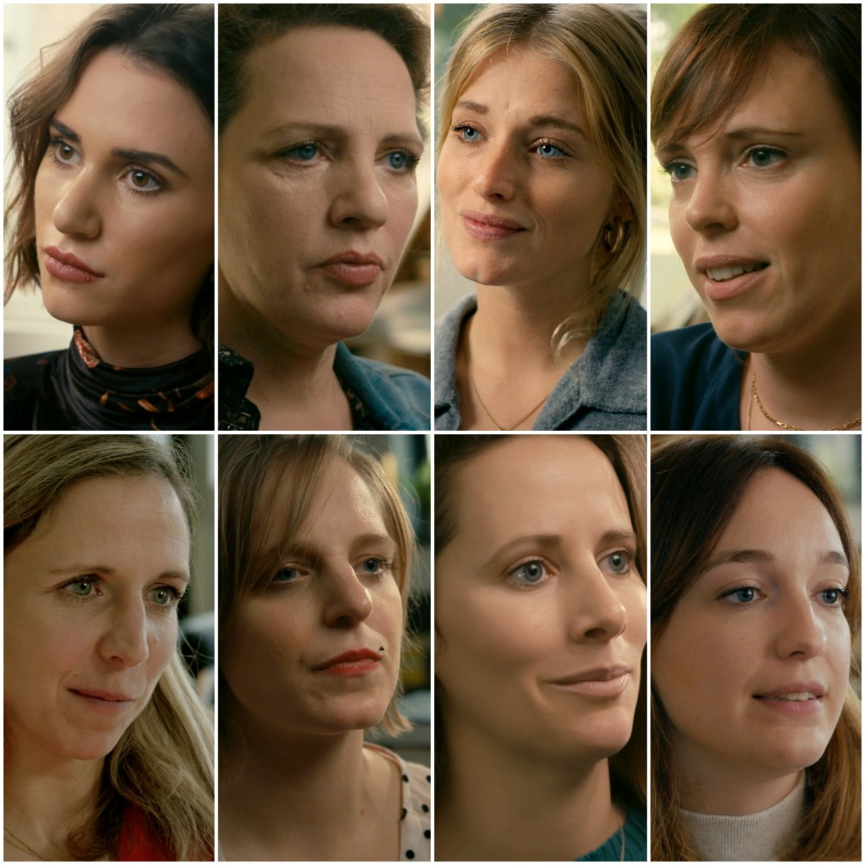 Van links naar rechts, boven naar onder: Lize Feryn, Maaike Cafmeyer, Ella-June Henrard, Liesa Naert, Els Talloen, Dymphne Poppe, Ellen Lloyd en Helena De Craemer. Beeld Streamz