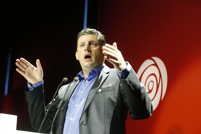 Sp.a-voorzitter John Crombez tijdens zijn nieuwjaarsspeech vandaag.