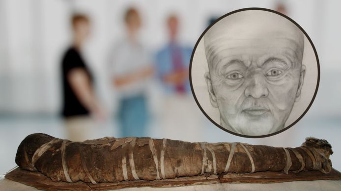 De Zwolse mummie na het onderzoek in 2001. Inzet: een gezichtsreconstructie.