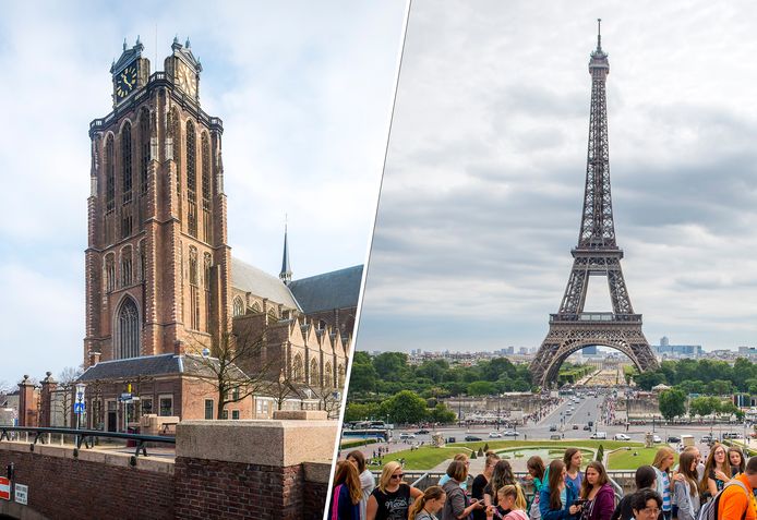 De Grote Kerk van Dordrecht en de Eiffeltoren in Parijs.