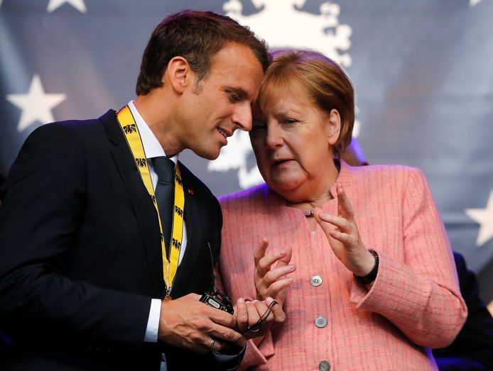 Macron en Merkel tijdens een ontmoeting in mei 2018, ook in het Duitse Aken.