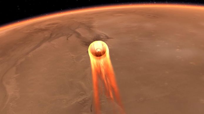 Insight dringt vandaag met een snelheid van bijna 20.000 kilometer per uur de ijle atmosfeer van Mars binnen.