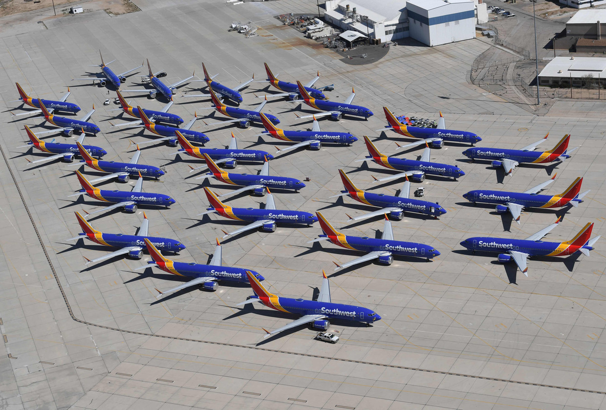 Boeing 737 Max-toestellen op Southern California Logistics Airport.  Beeld AFP