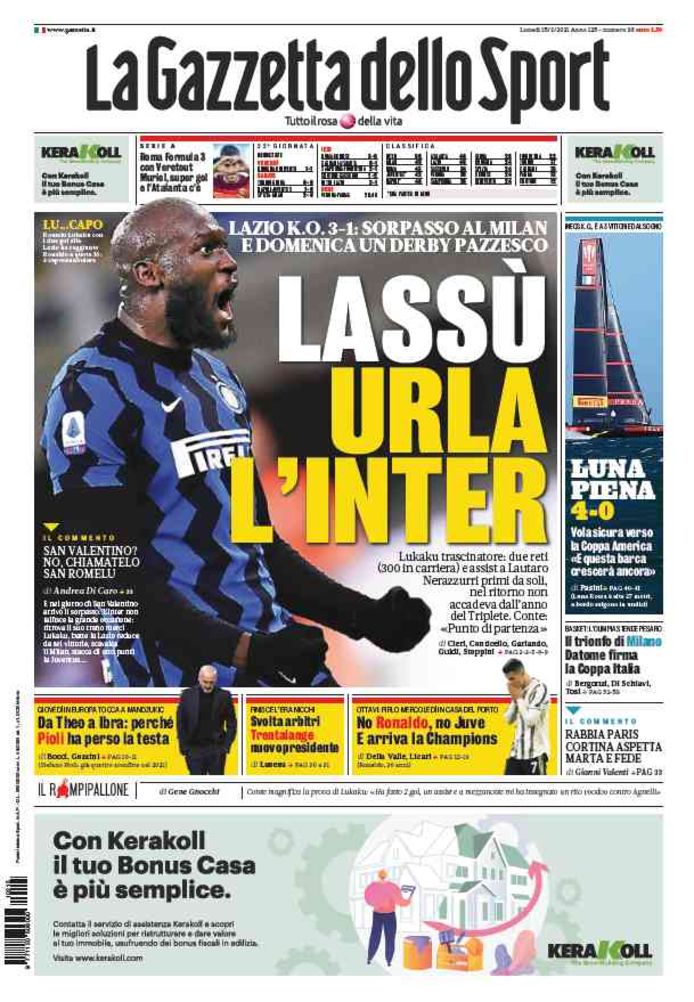 Gazzetta dello Sport over Lukaku. "Inter schreeuwt aan de top", kopt het.