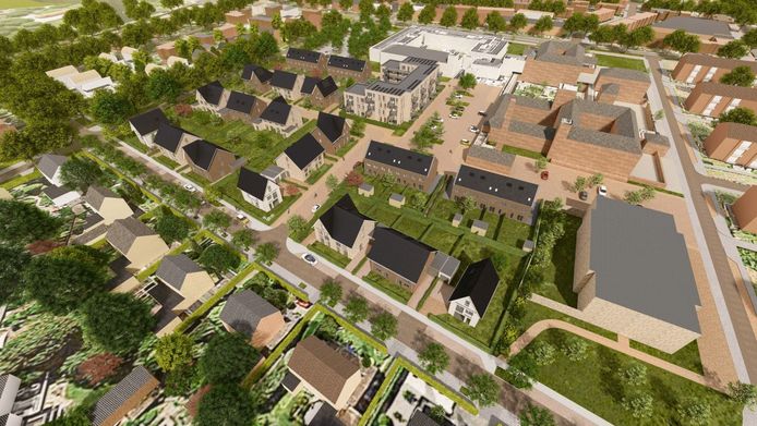 Impressie van het gebied in vogelvlucht, met ingetekend de nieuwbouw. Helemaal bovenin de Van Oldenielstraat, met de gerestaureerde oudbouw en nieuwe vleugel van het woonzorgcentrum. Op de voorgrond de G. Van Swietenstraat.