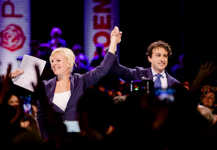 Jesse Klaver (Groen Links) en Attje Kuiken (PvdA) bij de aftrap van de gezamenlijke campagne van hun partijen, begin dit jaar in aanloop naar de Provinciale Statenverkiezingen. De twee partijen willen nu samen de Tweede Kamerverkiezingen in.