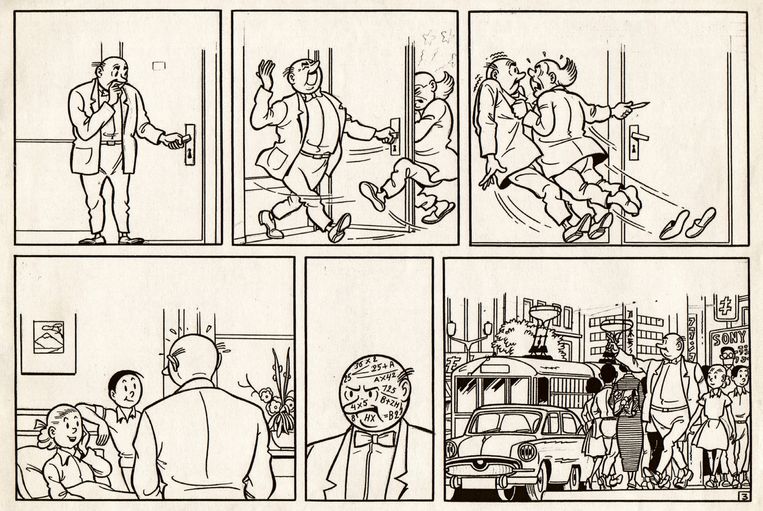 In de orginele schetsen van 'De sonometer' is Lambik nog de ­beschaafde stripfiguur die Hergé voor zijn stripweekblad 'Tintin/Kuifje' eiste.  Beeld RV