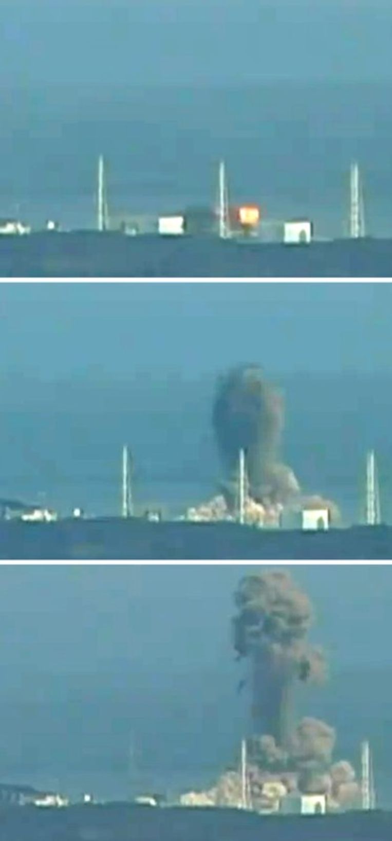Beeld van de ontploffende kerncentrale van Fukushima. Beeld 