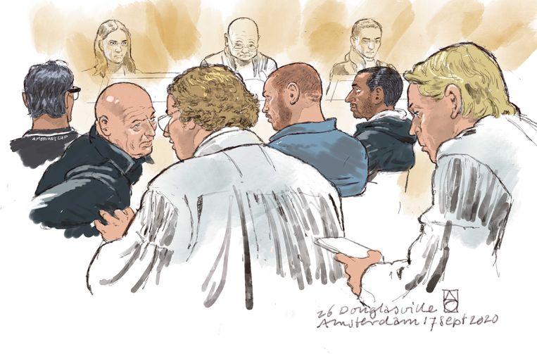 Rechtbanktekening van Willem-Jan H., Dennis van D., Robin van O. en Michael B. tijdens een inleidende zitting.  Beeld ANP