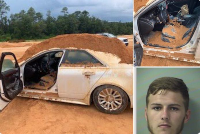 Hunter Mills (20) en de schade die hij toebracht aan de wagen.