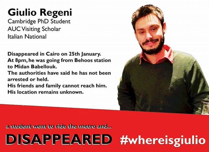 Een opsporingsbericht voor de Italiaanse student Giulio Regeni.