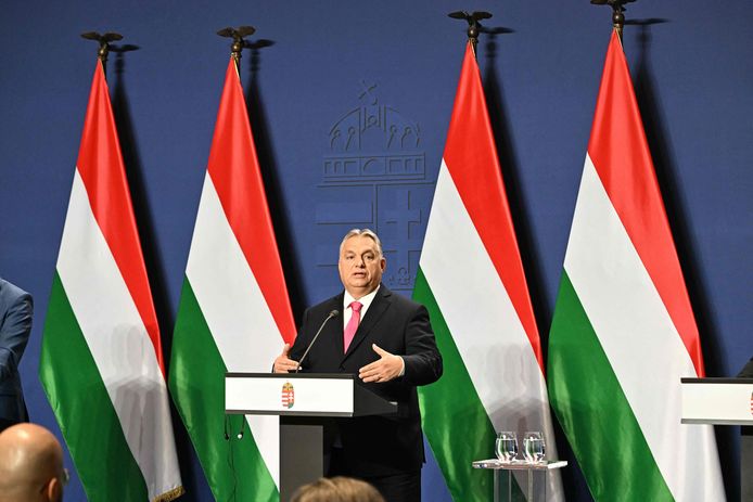 De Hongaarse premier Viktor Orban tijdens zijn jaarlijkse persconferentie in Boedapest.