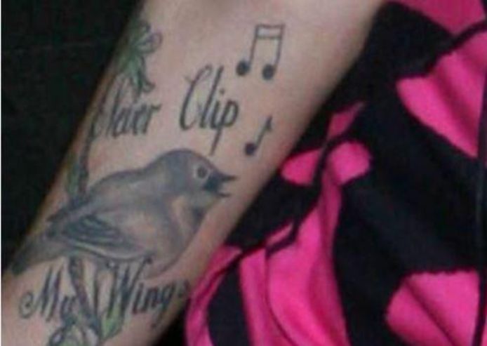 De merel die op de arm van de zangeres stond getatoeëerd.