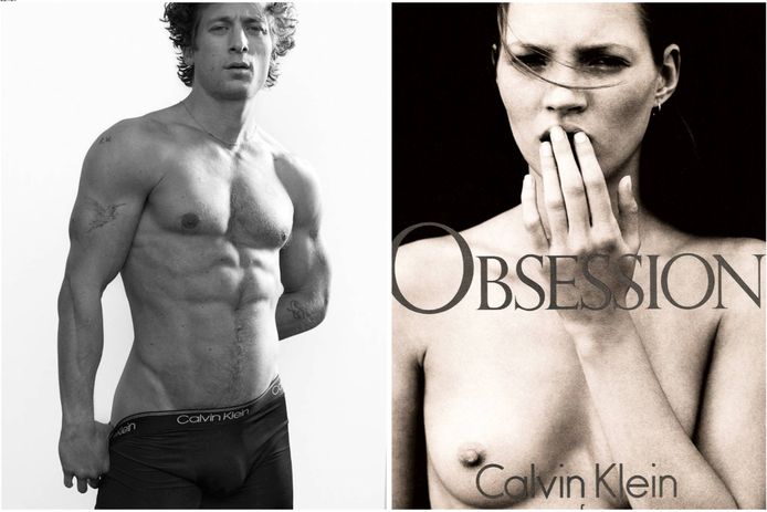 Links: de recentste campagne met acteur Jeremy Allen White. Rechts: een campagnebeeld van Calvin Klein uit de nineties met ambassadrice Kate Moss.