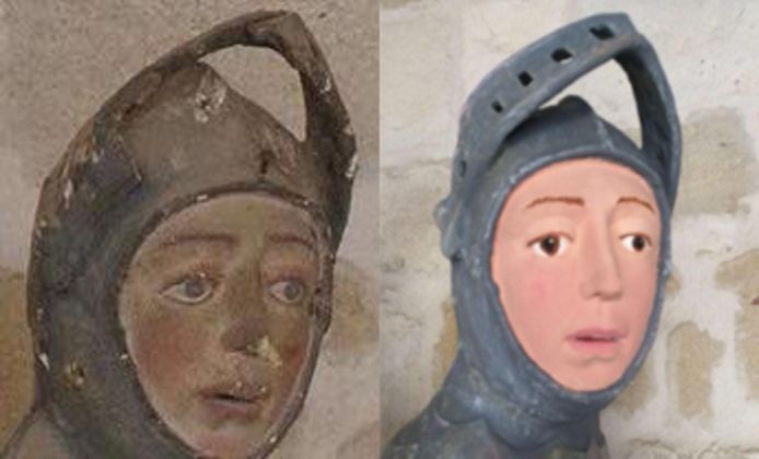 Het beeldje van Sint-Joris voor en na de restauratie.