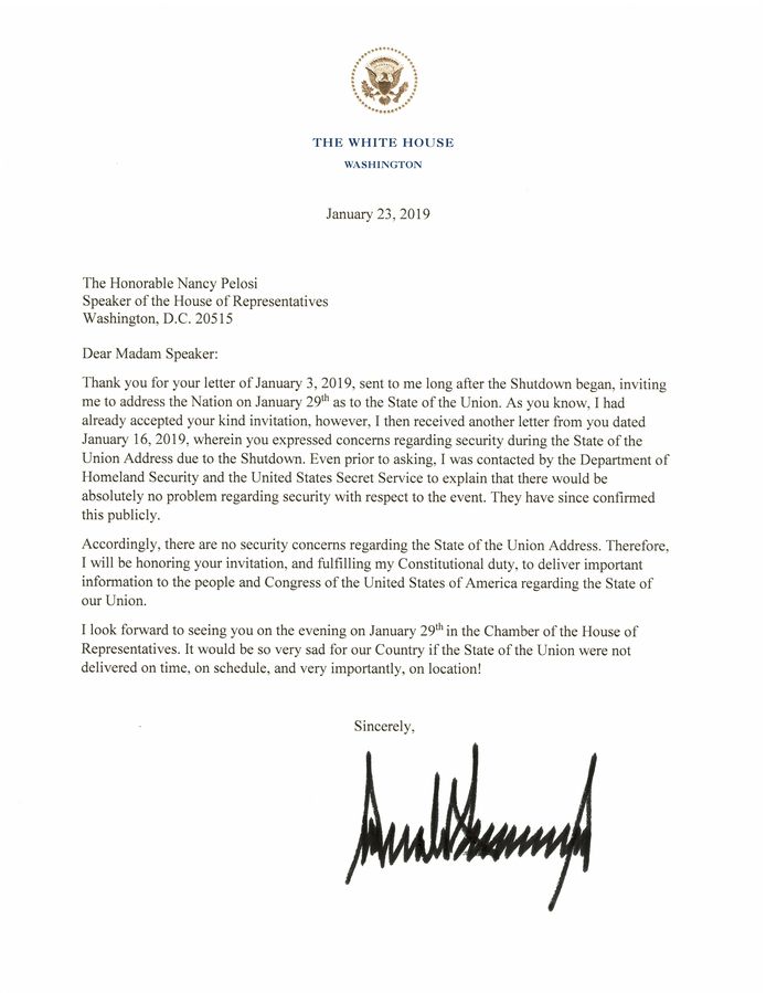De brief die Trump aan Pelosi schreef.