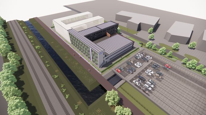 De illustratie toont de geplande uitbreiding in de eerste fase langs de spoorlijn en op termijn de uitbreiding op het huidige parkeerterrein. Daarvoor wil HoSt vervangende parkeerplaatsen aanleggen op de huidige wateropvang naast het pand.
