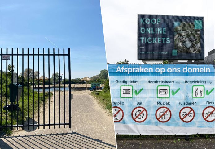 Links: het hek rond de Blaarmeersen. Rechts: Een uithangsbord aan De Nekker wijst bezoekers erop dat ze voortaan hun identiteitskaart moeten voorleggen.
