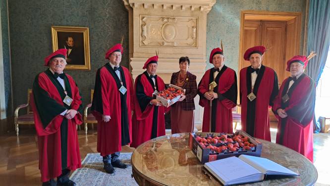 Ghesellen van de Aardbei brengen de eerste aardbeien naar de koning