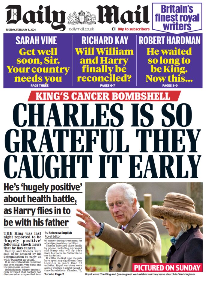 Voorpagin's Britse kranten na kankerdiagnose koning Charles