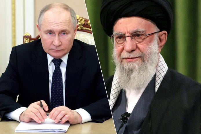 De Russische president Vladimir Poetin en ayatollah Ali Khamenei, de hoogste leider van Iran.