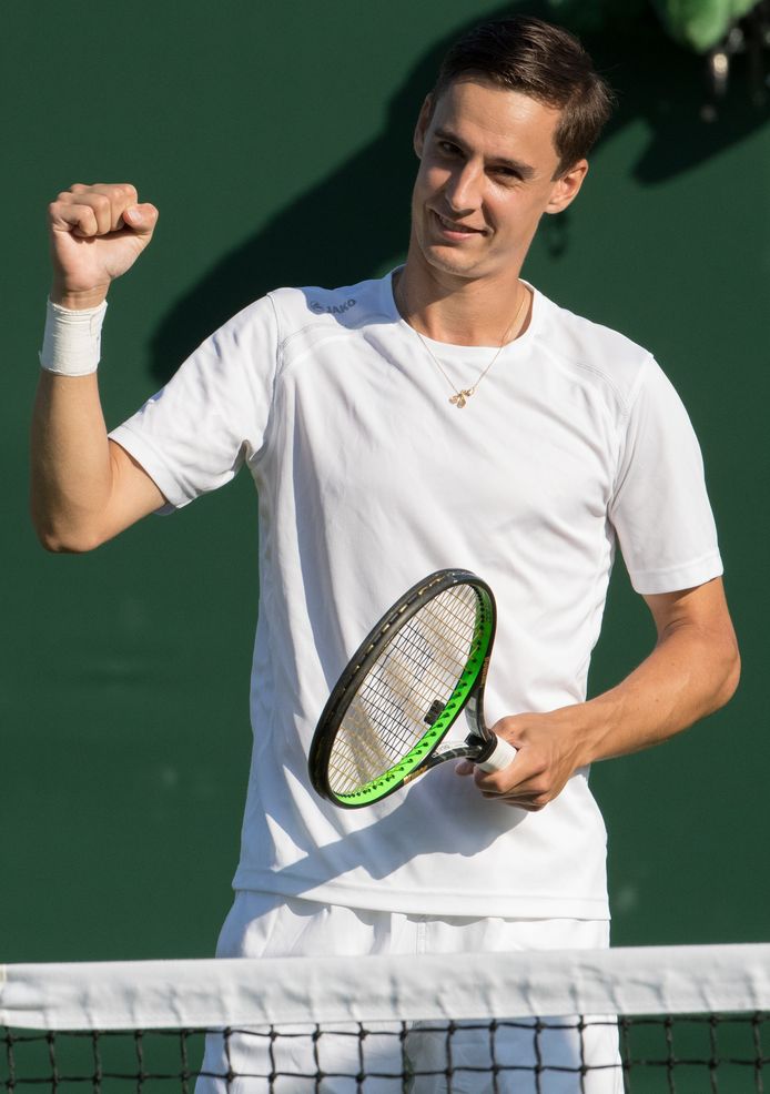 Belgian Joran Vliegen celebrates after winning the game between Argentinian pair Duran and Londero (ATP 81) and Belgian pair Gille and Vliegen in the men's doubles first round at the 2019 Wimbledon grand slam tennis tournament at the All England Tennis Club, in south-west London, Britain, Wednesday 03 July 2019. BELGA PHOTO BENOIT DOPPAGNE