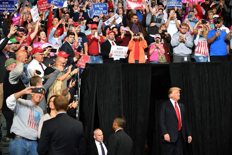 De Amerikaanse president Donald Trump bij een bijeenkomst in Iowa, 9 oktober 2018.  	

 Beeld AFP