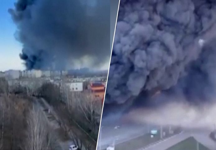 Er zijn gigantische rookpluimen te zien in de stad Chernihiv na explosies op een supermarkt