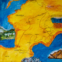 Het schilderrij dat de vrouw van Jan Viscaal voor hem maakte, waarop de route van de Honderd Cols Tocht te zien is.