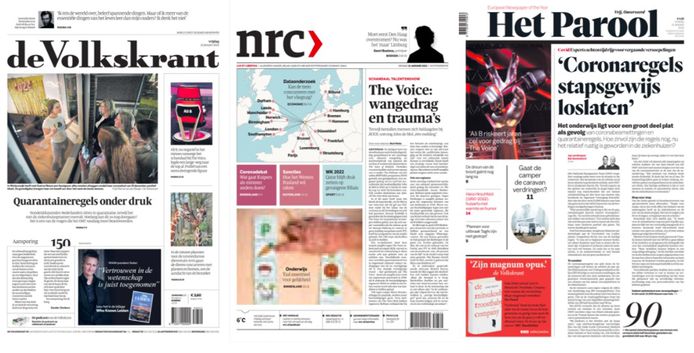 De voorpagina's van De Volkskrant, NRC en Het Parool.