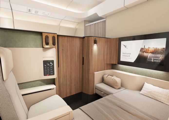 Первый класс на Airbus Qantas, который в 2025 году будет совершать беспосадочные перелеты из Лондона и Нью-Йорка в Австралию.