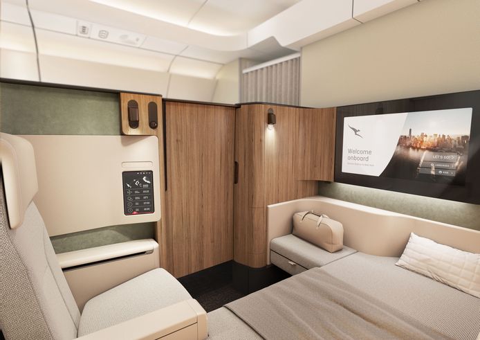 First class on the Airbus Qantas that will fly non-stop from London and New York to Australia in 2025.