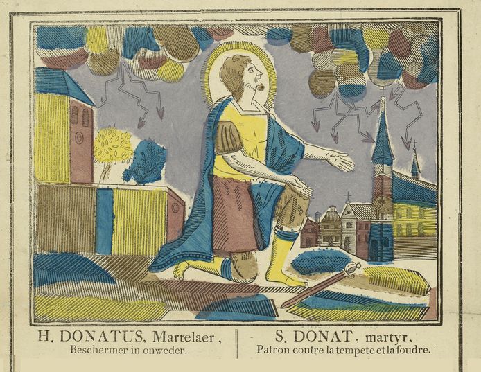 De heilige Donatus van Münstereifel, aangeroepen ter bescherming tegen onweer, op een volksprent uit de 19de eeuw.