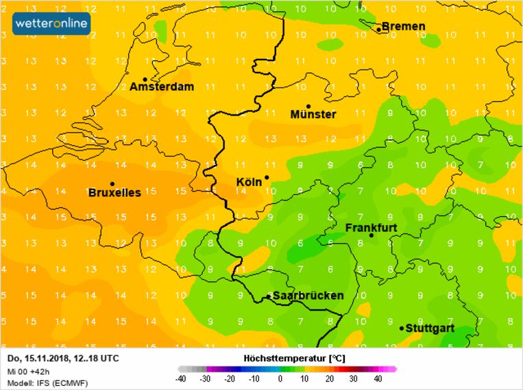 Op donderdag halen we lokaal 15°C in de Benelux. Beeld wetteronline.de