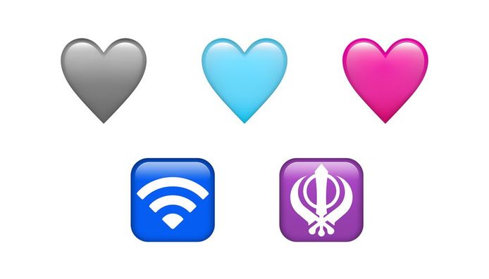 Nieuwe emoji grijs, blauw en roze hart, een symbool voor wifi en voor Sikhisme, zoals te zien op Apple-toestellen.