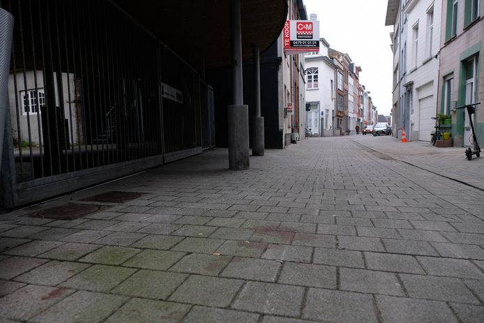 Hoewel de brandweer de Rik Woutersstraat kwam reinigen, zijn de bloedsporen nog goed zichtbaar.