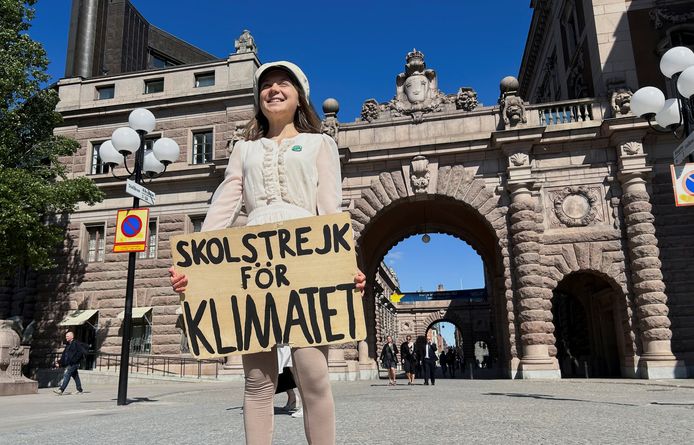 Greta Thunberg tijdens haar laatste schoolstaking in Stockholm.