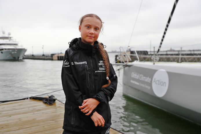 Greta Thunberg bij aankomst in New York.