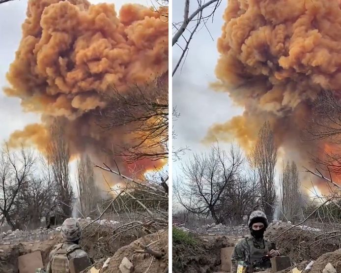 Een Oekraïense soldaat kijkt verbaasd toe hoe een reservoir met salpeterzuur geraakt werd.