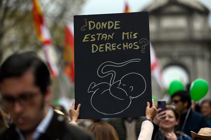 Een vrouw houdt een protestbord vast met een baby op afgebeeld die zegt "Waar zijn mijn rechten?"