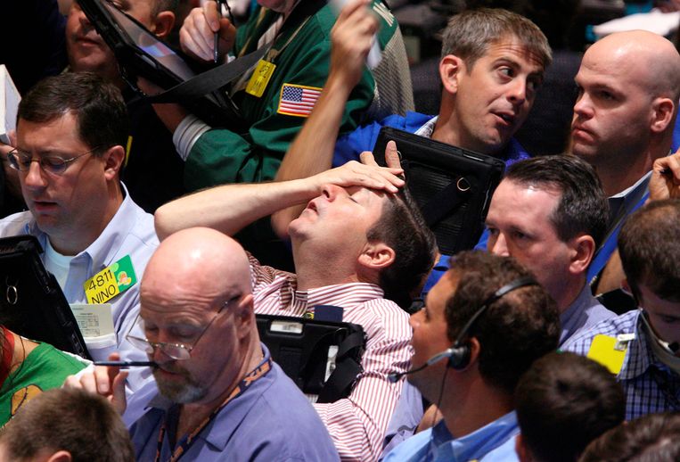 Paniek op de beurs in New York, 16 september 2008. Beeld AP