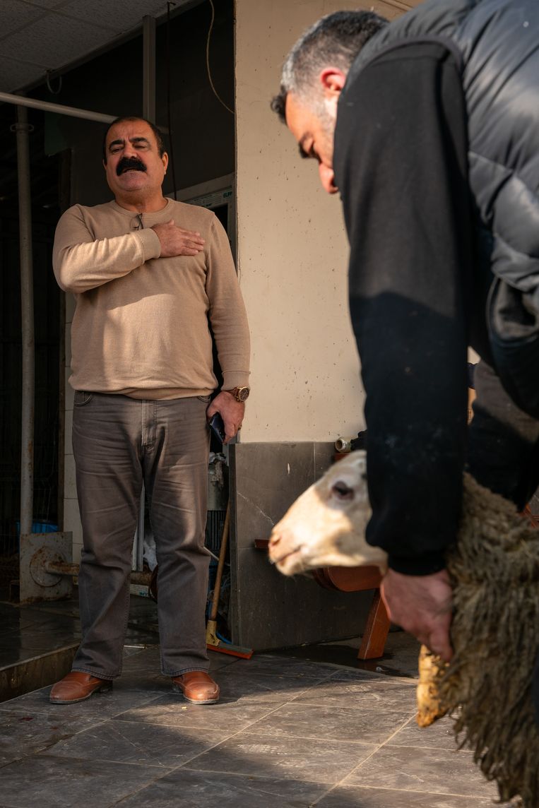Dede Birol Yildiz zegent de schapen voordat die worden geslacht. Beeld Ingrid Woudwijk