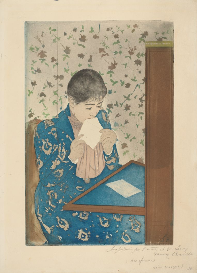 De brief, Mary Cassatt. Drogenaald, ets en aquatint in kleur op papier, circa 1890.  Beeld Van Gogh Museum