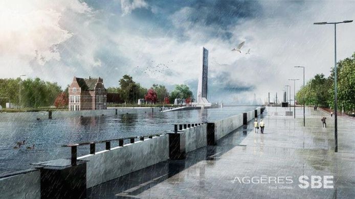 Hier zijn de waterkeringsmuren van de Royerssluis omhoog.